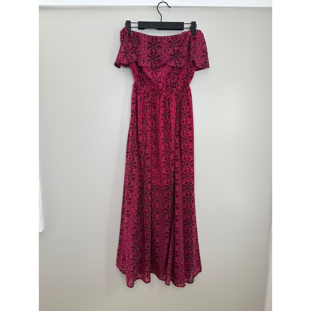 Hollister Women's Pink Floral Maxi Dress‎ Ruffle Trim Off Shoulder Summer Boho S
